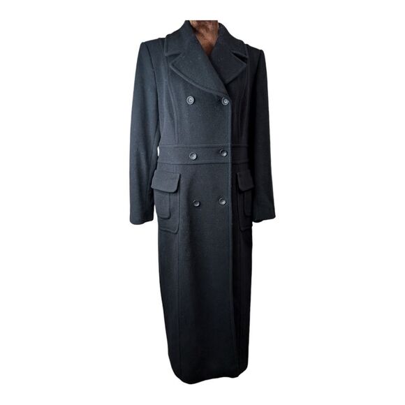 Black wool cashmere full length coat double- breasted, detachable fur lo… - Picture 2 of 14